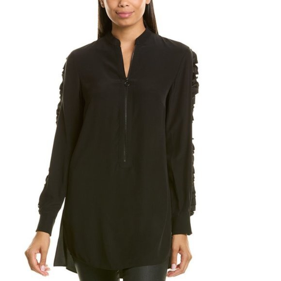 New Akris Punto 100% silk ruffle sleeve mandarin collar half zip tunic blouse